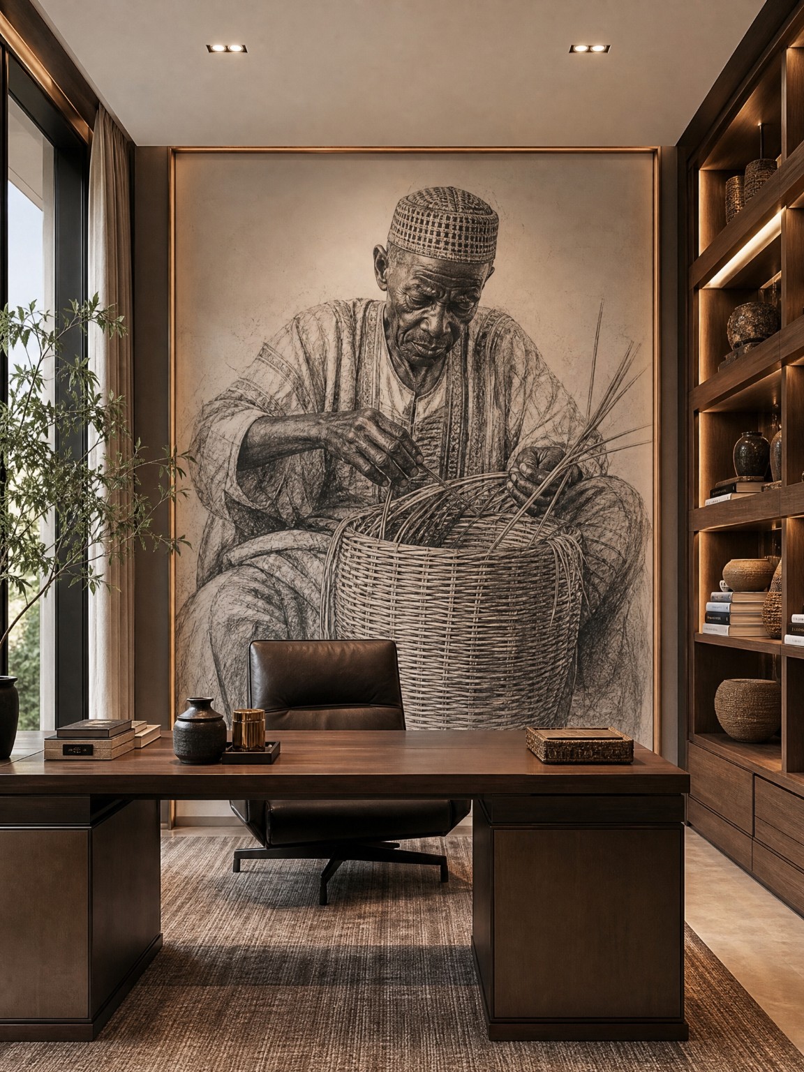 An older man weaving a basket, depicted in a mural behind a dark wood study desk