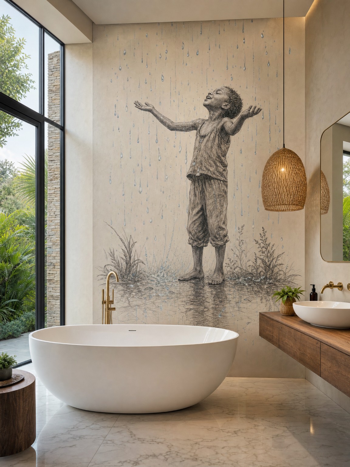 A joyful child with arms outstretched in the rain, shown as a mural above a bath