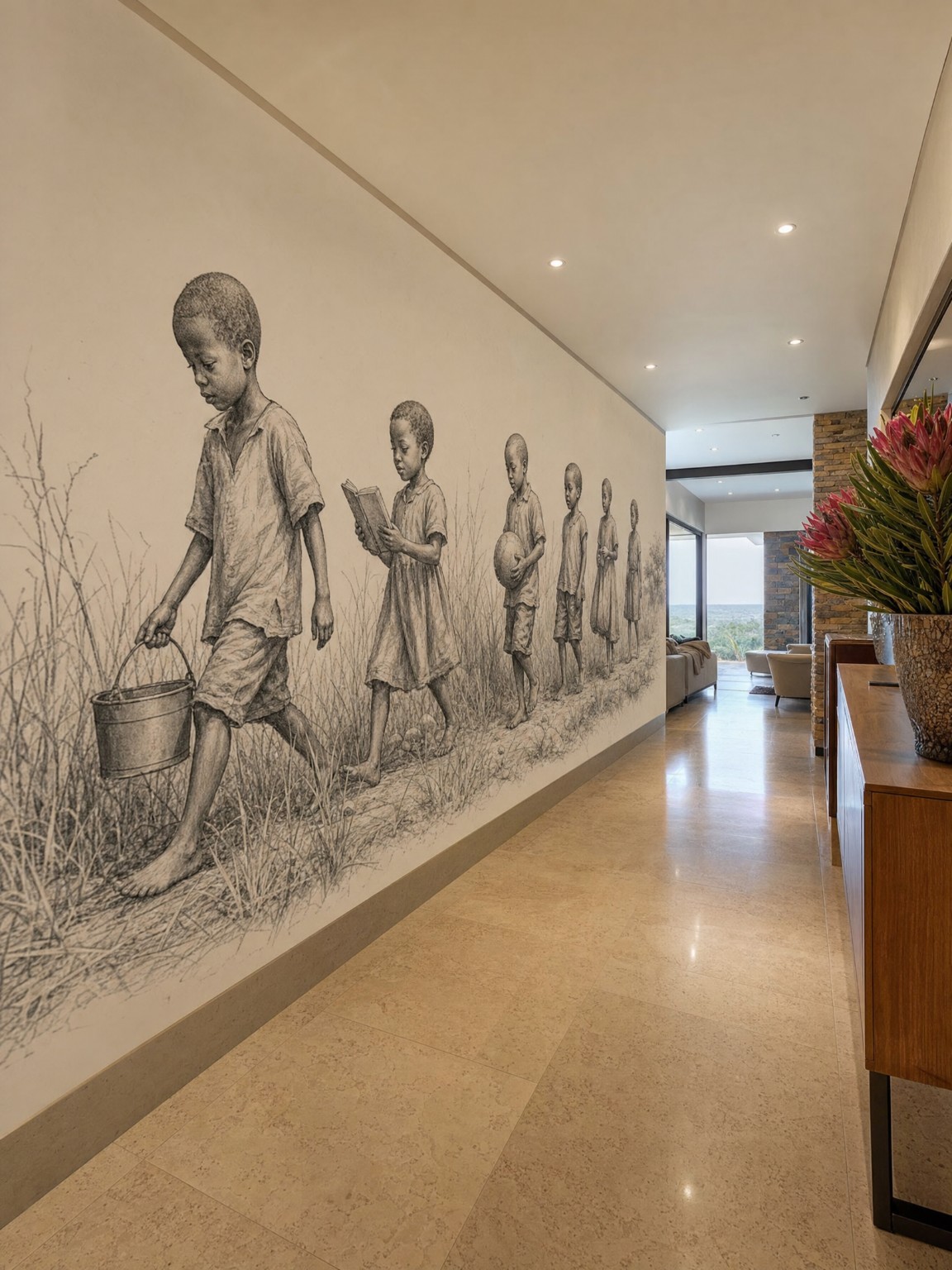 A long hallway mural of children walking with a bucket, a book and a ball