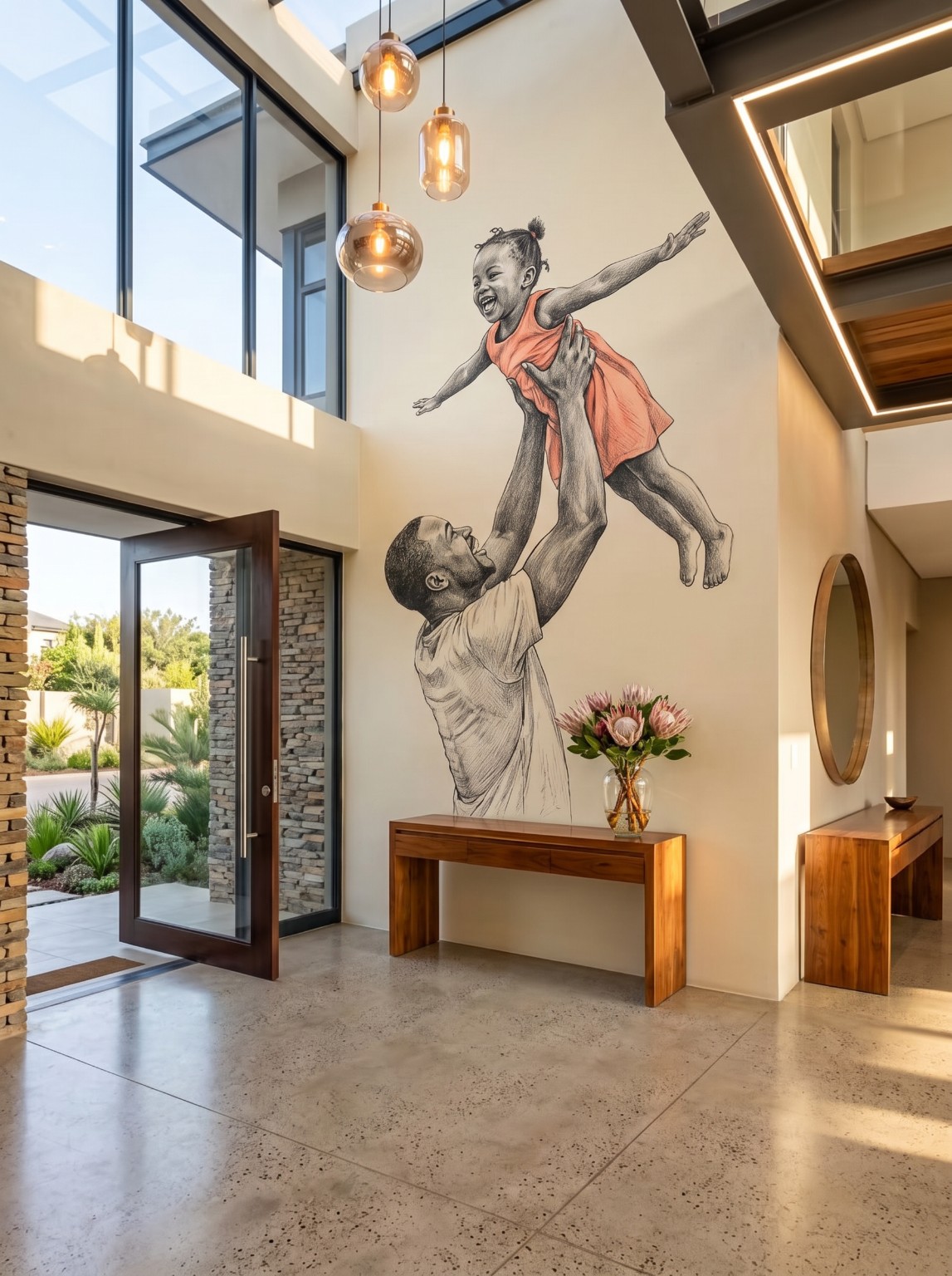A father lifting his laughing daughter in a coral dress, shown on a double-height entrance wall
