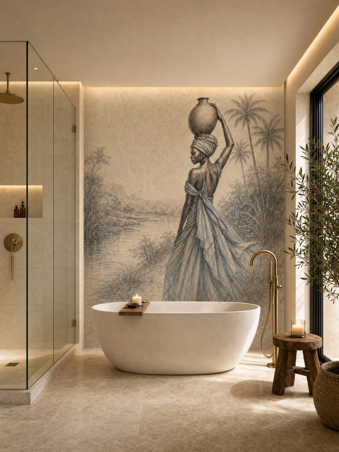 Woman carrying a clay vessel beside a river, shown as a mural behind a freestanding bath