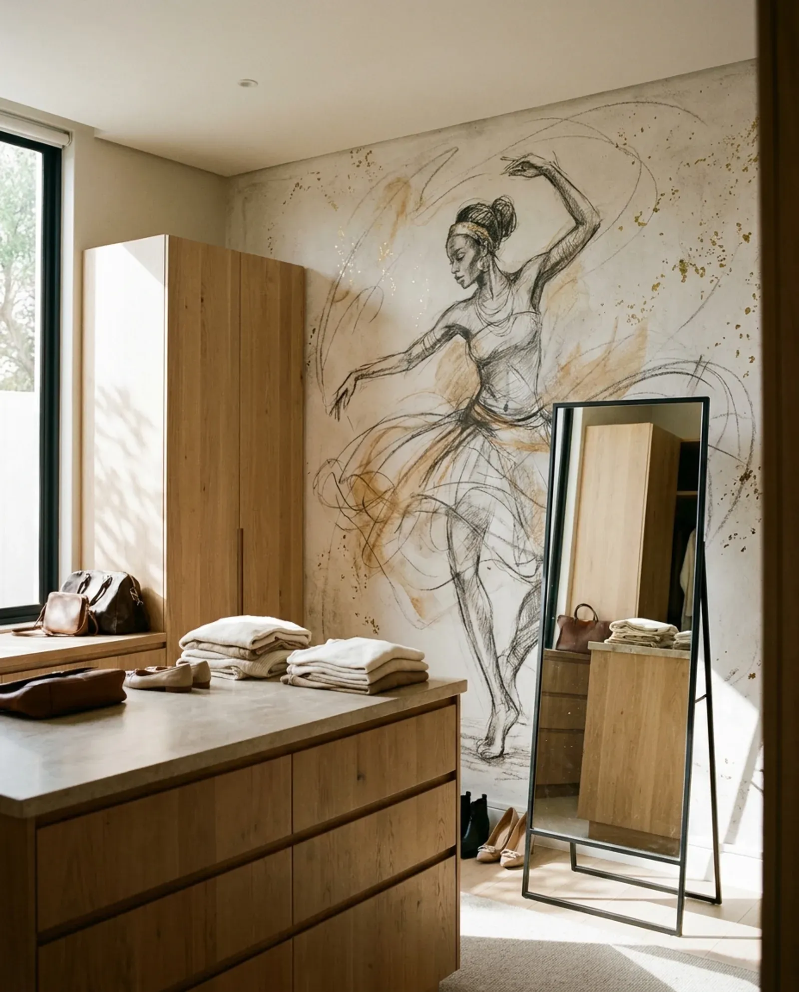 The Dancer, African art mural shown in an interior