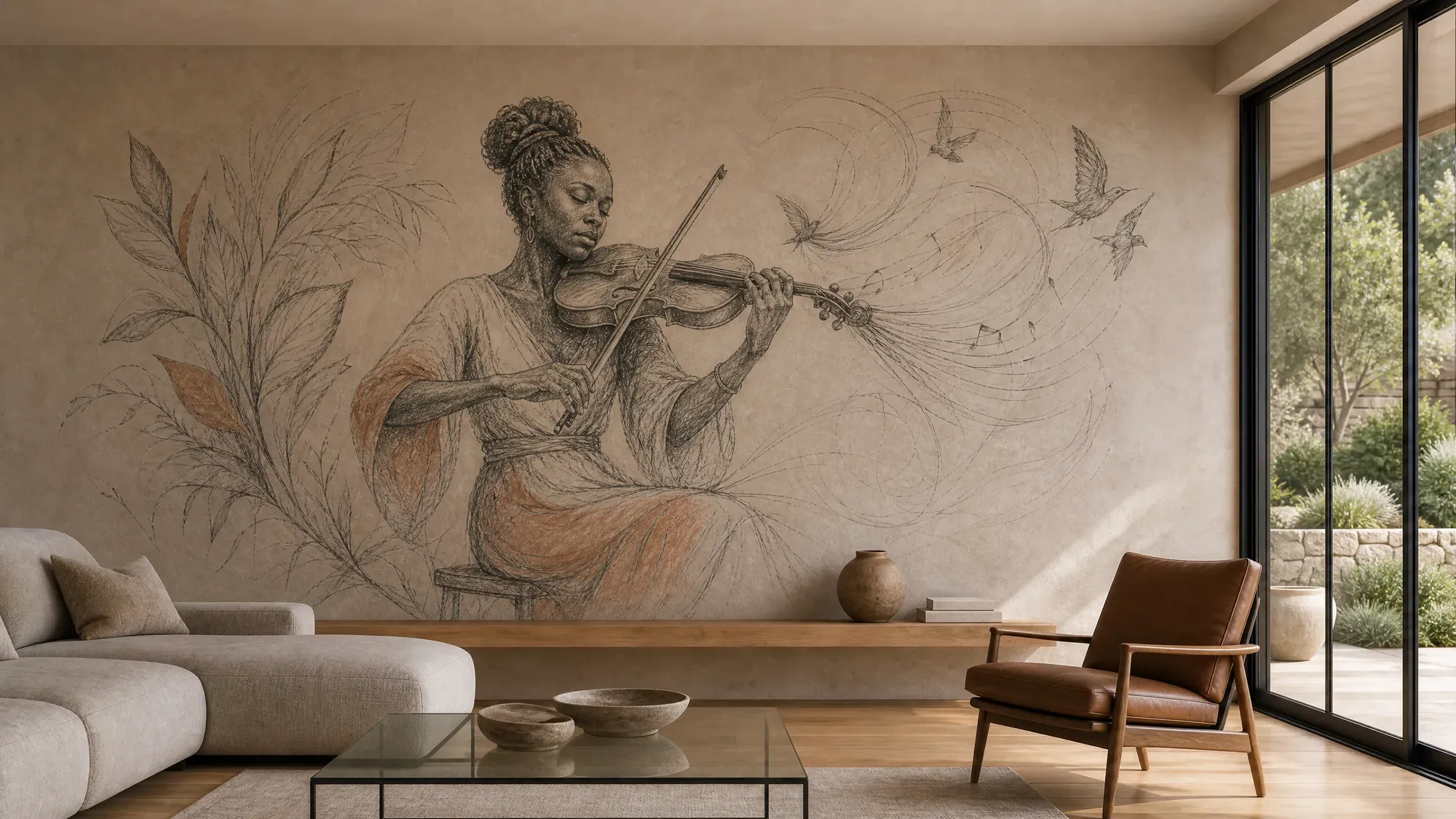 The Violinist mural in a light-filled interior